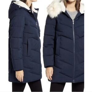 Sam Edelman Puffer Coat Faux Fur Trim Hooded Parka‎ Navy Warm Size XXL NEW!